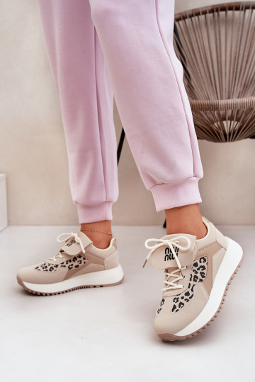 Turnschuhe Sneakers Stilvollllschuhe Feminin mit einer Plattform mit Leopardenfellmuster Beige Pumbes