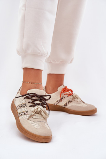 Sneakers Stilvollllschuhe Feminin Z PodZuójnym Schnürungm mit Leopardenfellmuster Beige Ollabes 2