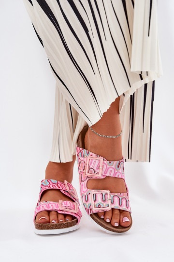 Damen Pantoletten mit Schnallen und Glitzer S.Barski RB51-006 in Rosa 2