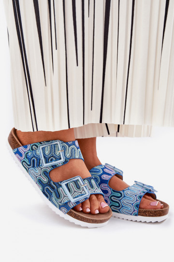 Damen Pantoletten mit Schnallen und Glitzer S.Barski RB51-006 in Blau