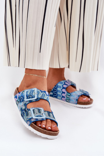 Damen Pantoletten mit Schnallen und Glitzer S.Barski RB51-006 in Blau 2