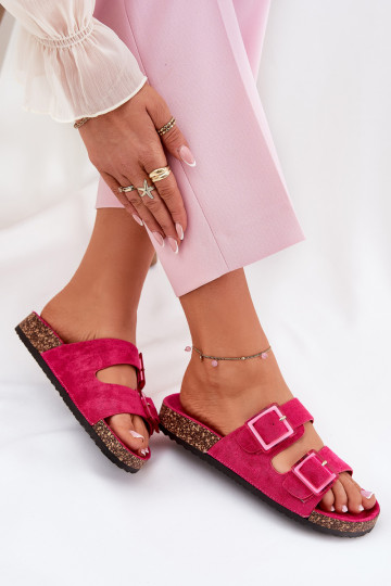 Damenpantoffeln mit Schnallen auf Korksohle in Rosa mit Herzen