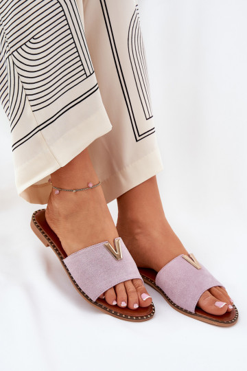 Damenhausschuhe mit breiten Absätzen Mit Dekorationeni Detalami Violette Farbe Saliena