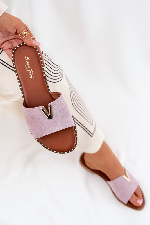 Damenhausschuhe mit breiten Absätzen Mit Dekorationeni Detalami Violette Farbe Saliena