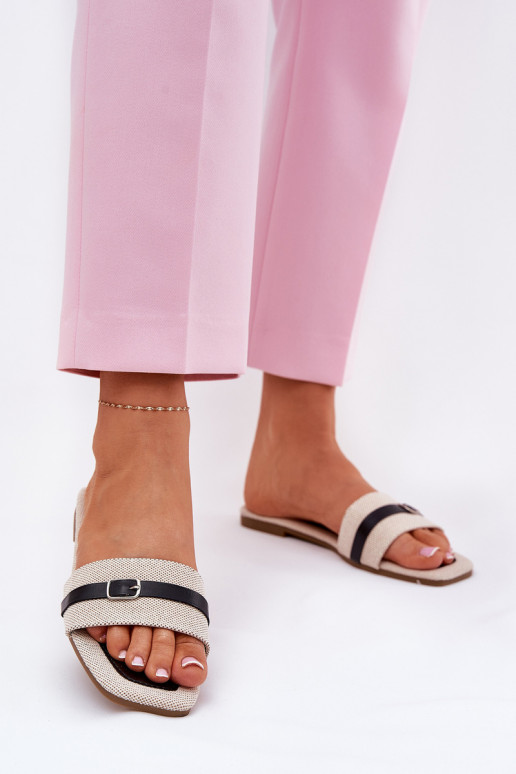 gleichschenklig Damenhausschuhe mit Riemen I mit Schnallen Beige-schZuarze Farbe Zilina