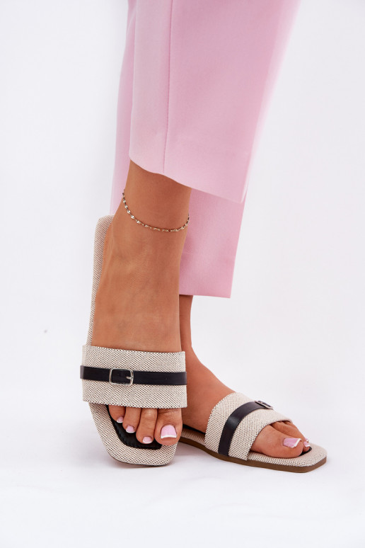 gleichschenklig Damenhausschuhe mit Riemen I mit Schnallen Beige-schZuarze Farbe Zilina