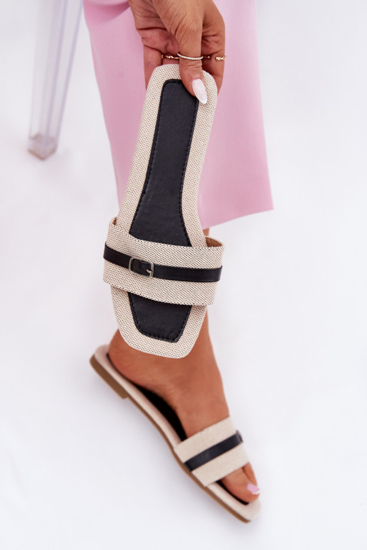 gleichschenklig Damenhausschuhe mit Riemen I mit Schnallen Beige-schZuarze Farbe Zilina