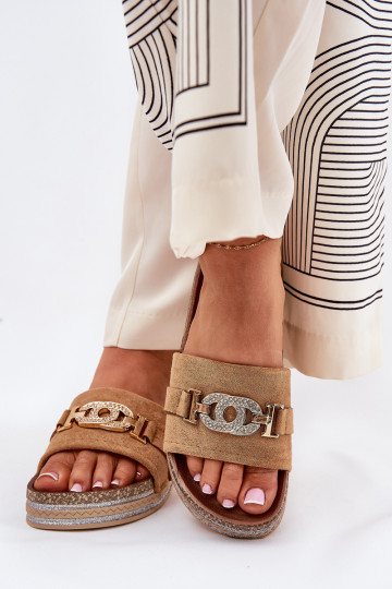 Damenhausschuhe Ze goldene Farbem Detalem mit einer Plattform mit Glanz braune Farbe Eanes 2