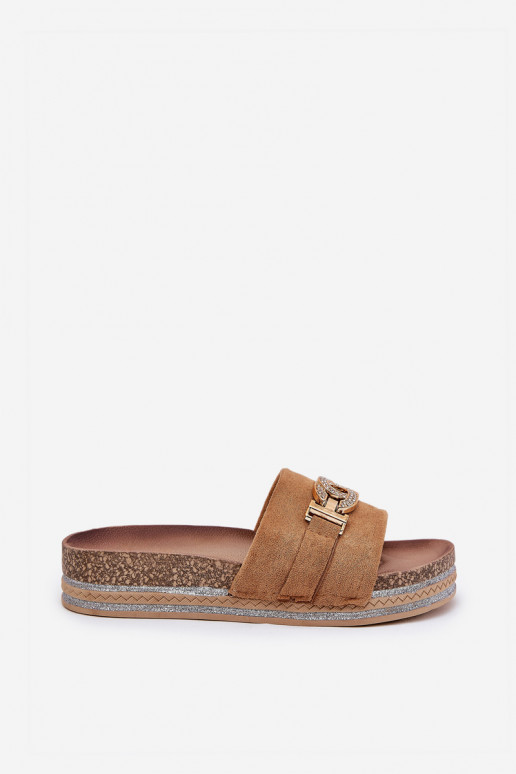 Damenhausschuhe Ze goldene Farbem Detalem mit einer Plattform mit Glanz braune Farbe Eanes