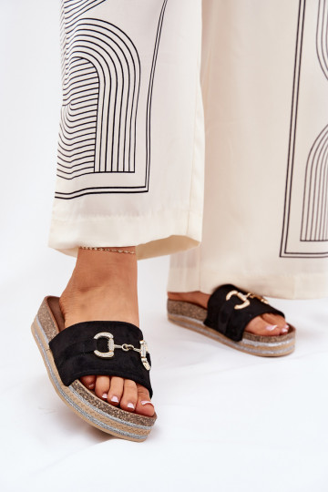 Damenhausschuhe mit einer Plattform mit goldenen Details Und Glitzer schZuarze Farbe Morisela