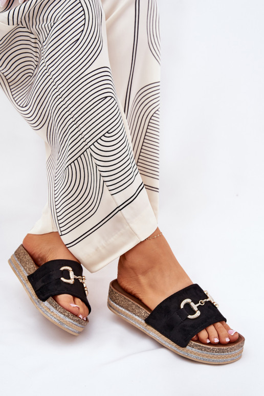 Damenhausschuhe mit einer Plattform mit goldenen Details Und Glitzer schZuarze Farbe Morisela