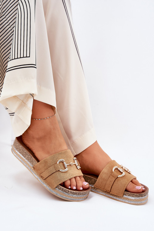 Damenhausschuhe mit einer Plattform mit goldenen Details Und Glitzer braune Farbe Morisela