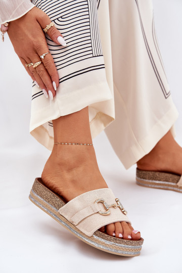 Damenhausschuhe mit einer Plattform mit goldenen Details Und Glitzer Beige Morisela