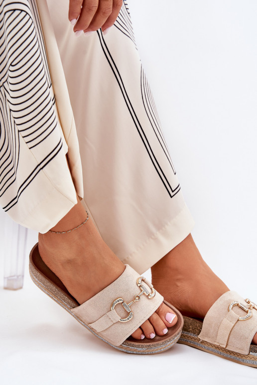 Damenhausschuhe mit einer Plattform mit goldenen Details Und Glitzer Beige Morisela Damenhausschuhe mit einer Plattform mit goldenen Details Und Glitzer Beige Morisela