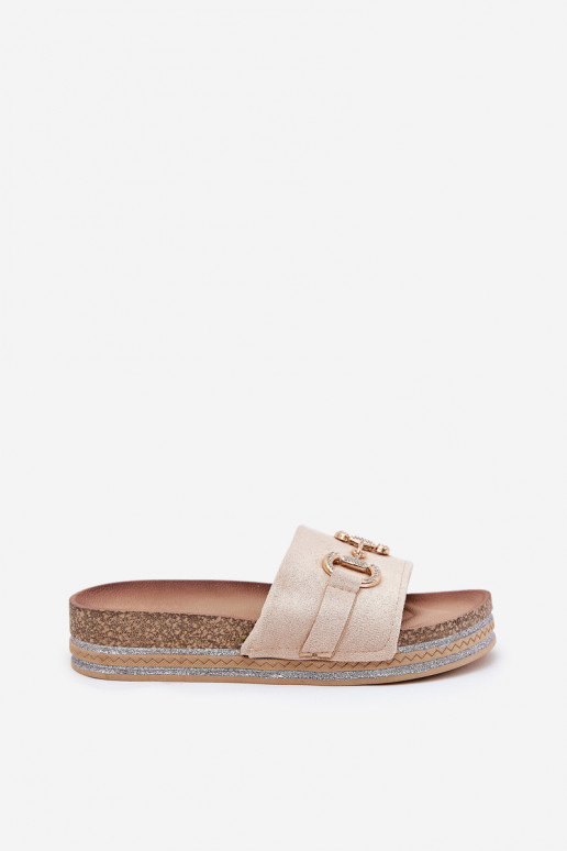 Damenhausschuhe mit einer Plattform mit goldenen Details Und Glitzer Beige Morisela Damenhausschuhe mit einer Plattform mit goldenen Details Und Glitzer Beige Morisela