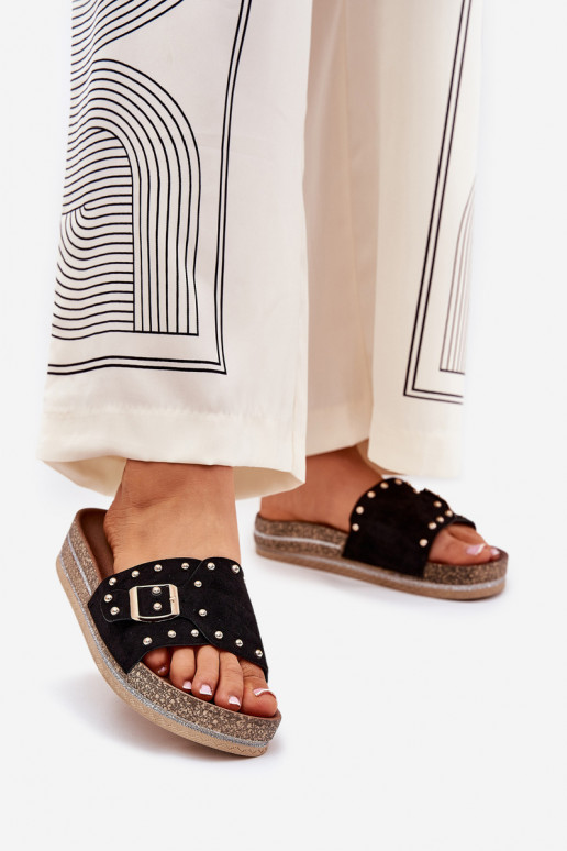 Damenhausschuhe mit einer Plattform mit Schnallen Und Stollen schZuarze Farbe Nusithia