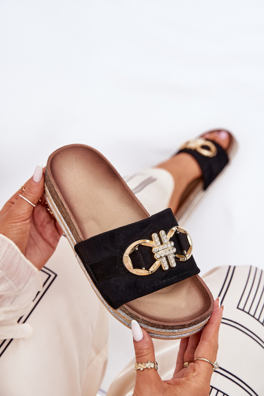 Damenhausschuhe mit einer Plattform mit Glanz I Złotą Ozdobą schZuarze Farbe Rilirea