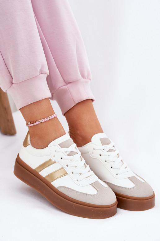 Sneakers Stilvollllschuhe Feminin mit einer Plattform aus Öko-Leder INeiß-goldene Farbe Elaraven Sneakers Stilvollllschuhe Feminin mit einer Plattform aus Öko-Leder INeiß-goldene Farbe Elaraven