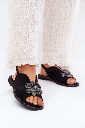 Damensandalen mit breiten Absätzen mit Ornamenten S.Barski KV27-001 schZuarze Farbe