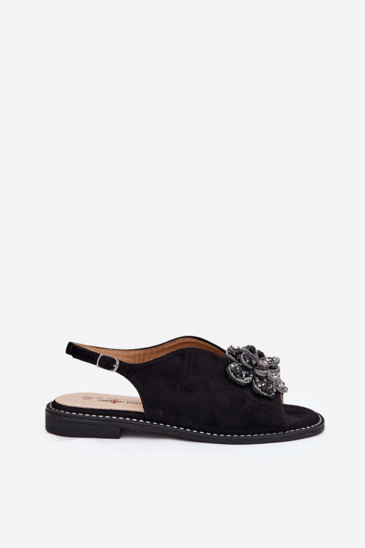 Damensandalen mit breiten Absätzen mit Ornamenten S.Barski KV27-001 schZuarze Farbe