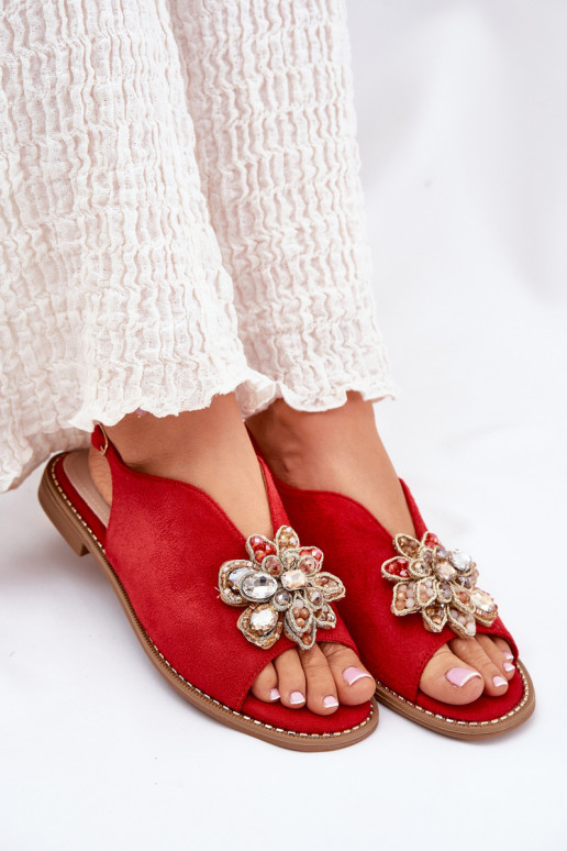 Damensandalen mit breiten Absätzen mit Ornamenten S.Barski KV27-001 rote Farbe