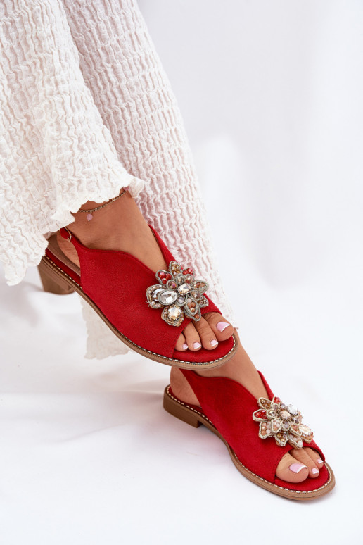 Damensandalen mit breiten Absätzen mit Ornamenten S.Barski KV27-001 rote Farbe