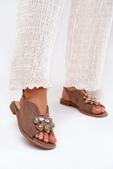 Damensandalen mit breiten Absätzen mit Ornamenten S.Barski KV27-001 Beige