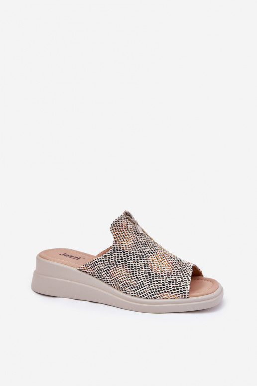 Damenhausschuhe Auf einem Keil mit Reißverschlüssen Tiermuster Beige Irriva