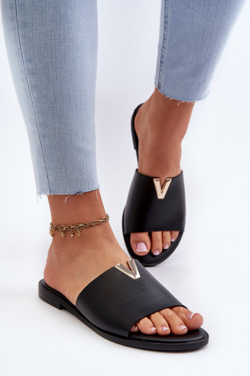 Damenhausschuhe Eko Haut mit breiten Absätzen schZuarze Farbe Es mussliha