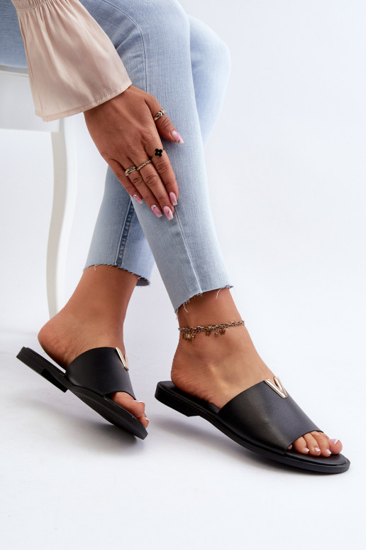 Damenhausschuhe Eko Haut mit breiten Absätzen schZuarze Farbe Es mussliha