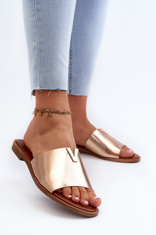 Damenhausschuhe Eko Haut mit breiten Absätzen goldene Farbe Es mussliha