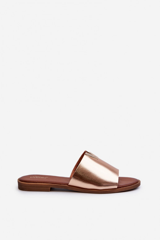 Damenhausschuhe Eko Haut mit breiten Absätzen goldene Farbe Es mussliha