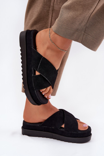 Damen Slipper mit Plattform und verschlungenen Riemen, schwarz, „Rinasara"
