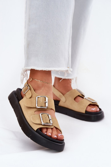 Sandfarbene Damen Wildlederschuhe mit Schnallen, Big Star RR274665