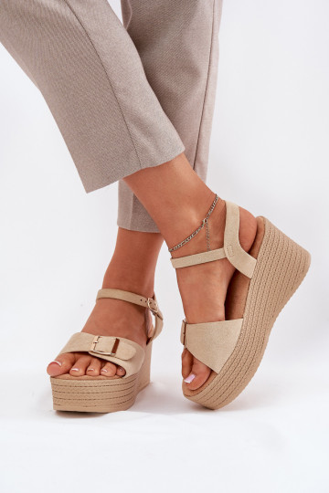Damensandalen Auf einem Keil mit Schnallen Khaki-Farbe Liniella 2