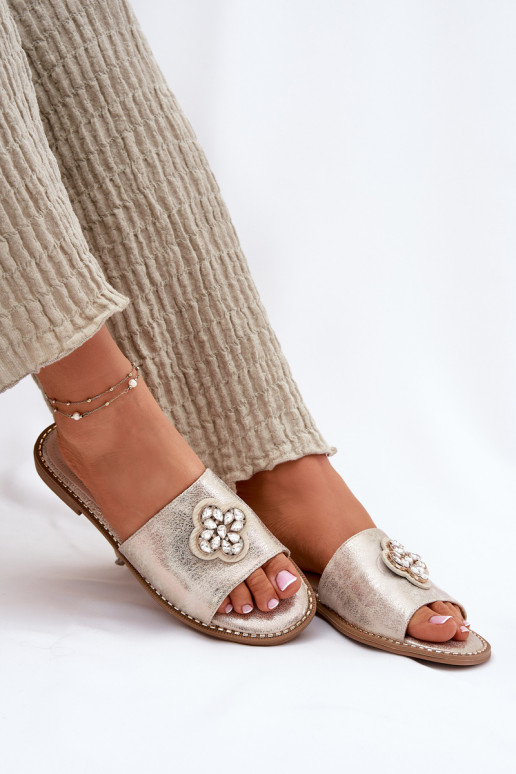 Damenhausschuhe mit breiten Absätzen Mit Dekorationen Detalem S.Barski KV51-087 goldene Farbe