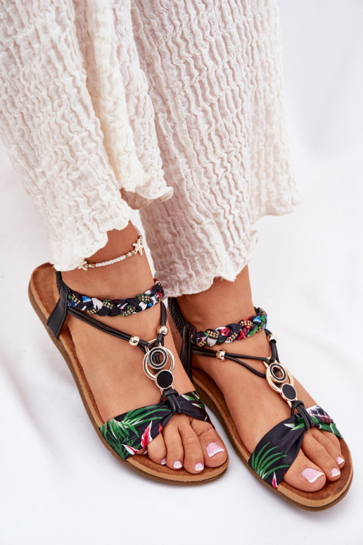 Flache Sandalen für Damen Z Plecionymi Streifenem Und Dekoration Artiker 56C1318 schZuarze Farbe Flache Sandalen für Damen Z Plecionymi Streifenem Und Dekoration Artiker 56C1318 schZuarze Farbe