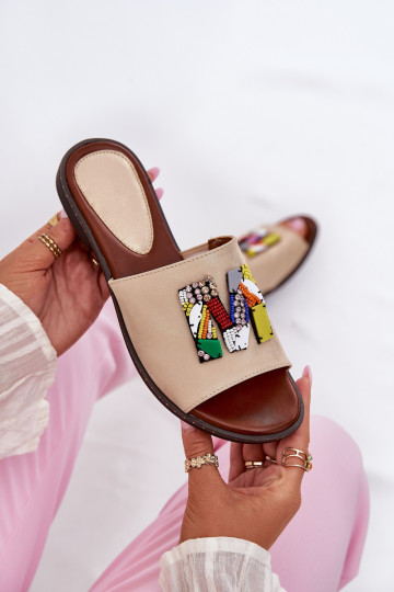 Goldene Damen Slipper mit breiten Absätzen und Ornamenten, „Clelione"