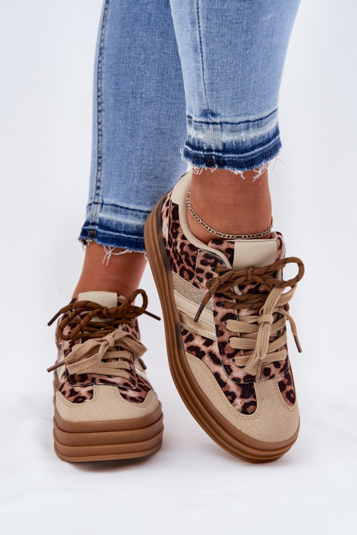 Sneakers Stilvollllschuhe Feminin mit einer Plattform Z PodZuójnym Schnürungm mit Leopardenfellmuster Beige Niteria