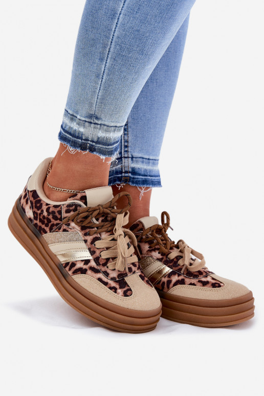 Sneakers Stilvollllschuhe Feminin mit einer Plattform Z PodZuójnym Schnürungm mit Leopardenfellmuster Beige Niteria