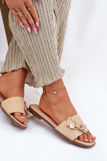 Beige Damen-Pantoletten mit breiten Absätzen und Schleifen, „Sallariela"