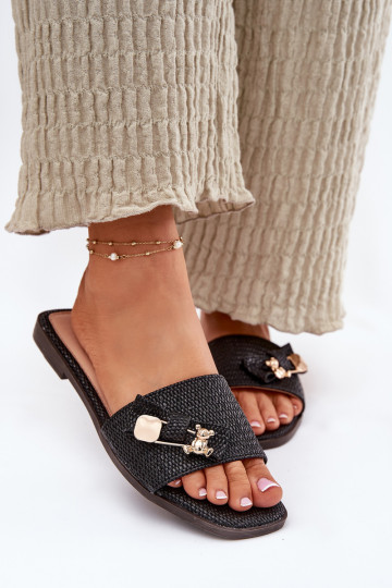 Damenhausschuhe mit breiten Absätzen mit Bändern schZuarze Farbe Sallariela 2