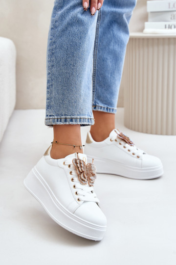 Sneakers Stilvollllschuhe Feminin mit einer Plattform Z Schmetterlingem INeiß-goldene Farbe Ermöglichtritevia 2
