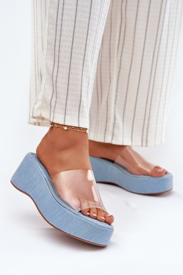 Damenhausschuhe Z Transparentnym Streifenem Auf einem Keil Denim-Es mussterial Meltiana