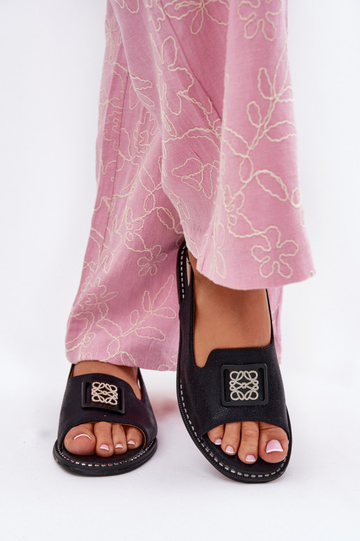 Eleganter Stil Damensandalen mit breiten Absätzen mit Ornamenten S.Barski KV51-082 schZuarze Farbe