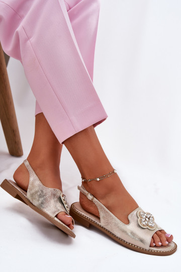 Damensandalen mit breiten Absätzen Mit Dekorationen Detalem S.Barski KV51-080 goldene Farbe