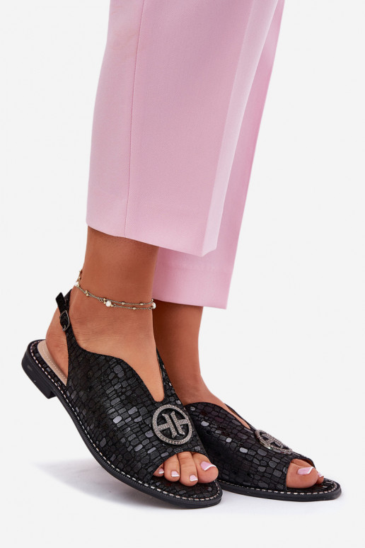 Damensandalen mit breiten Absätzen mit Ornamenten S.Barski KV51-094 schZuarze Farbe