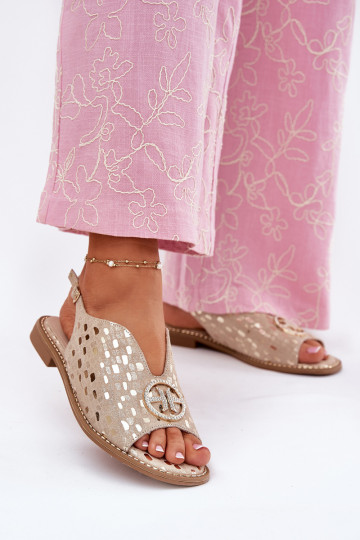 Damensandalen mit breiten Absätzen mit Ornamenten S.Barski KV51-094 goldene Farbe