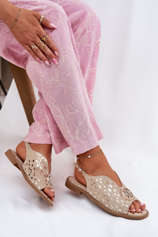 Damensandalen mit breiten Absätzen mit Ornamenten S.Barski KV51-094 goldene Farbe