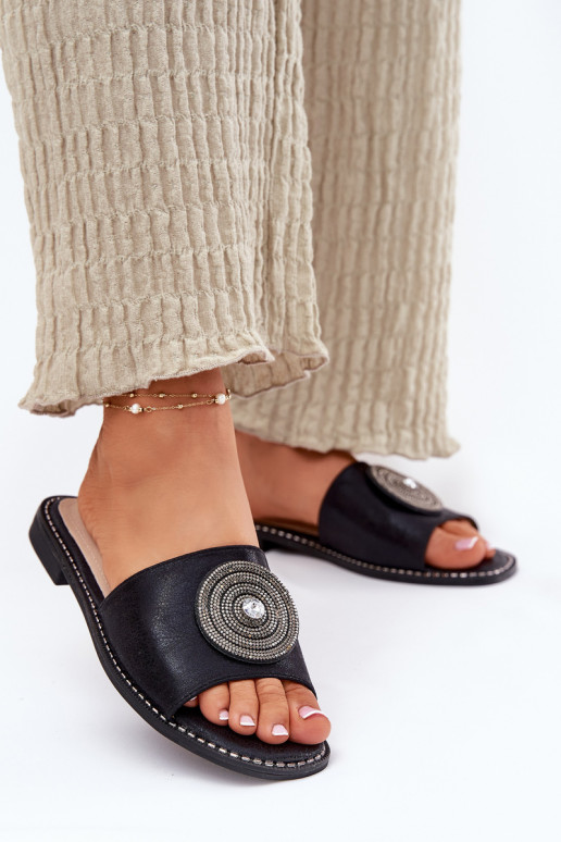 Damenhausschuhe mit breiten Absätzen mit Ornamenten S.Barski KV51-013 schZuarze Farbe